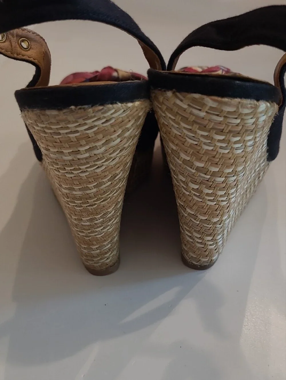 Maurices Wedge Sandals Pink Floral Knot Slingback Espadrille Peep Toe Weave Heel